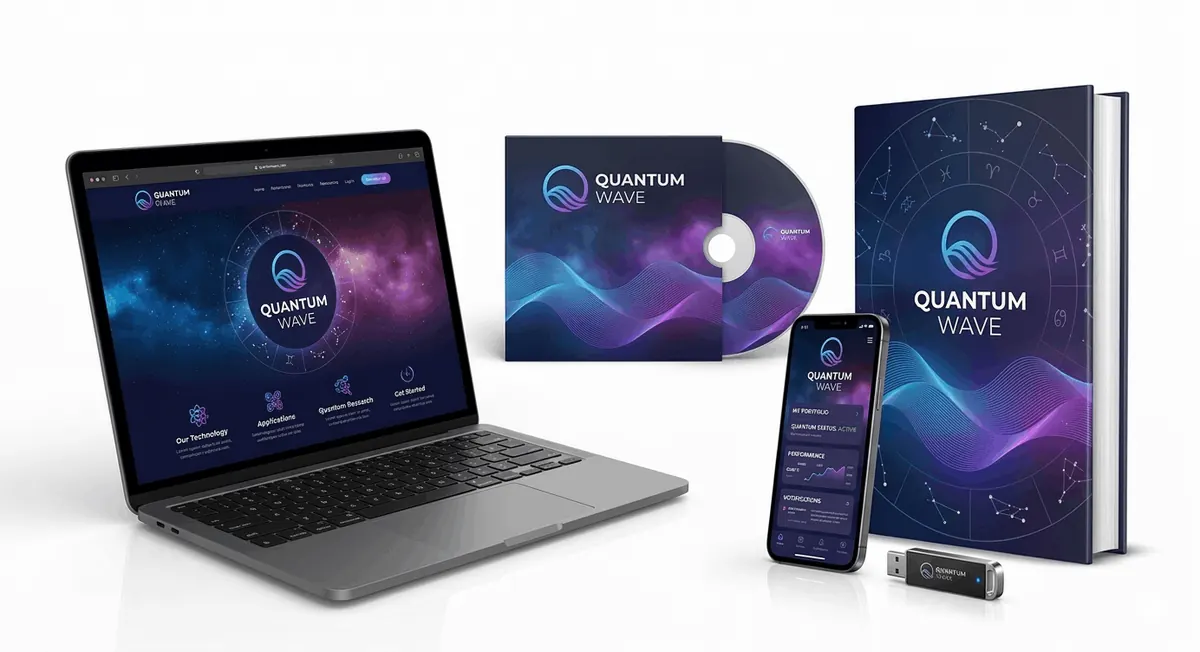 Quantum Wave audio program shown on a laptop, phone and audio disc next to the program book
