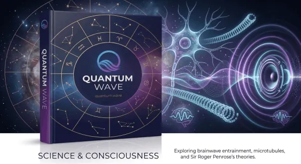 Quantum Wave science and consciousness graphic referencing brainwave entrainment and microtubules